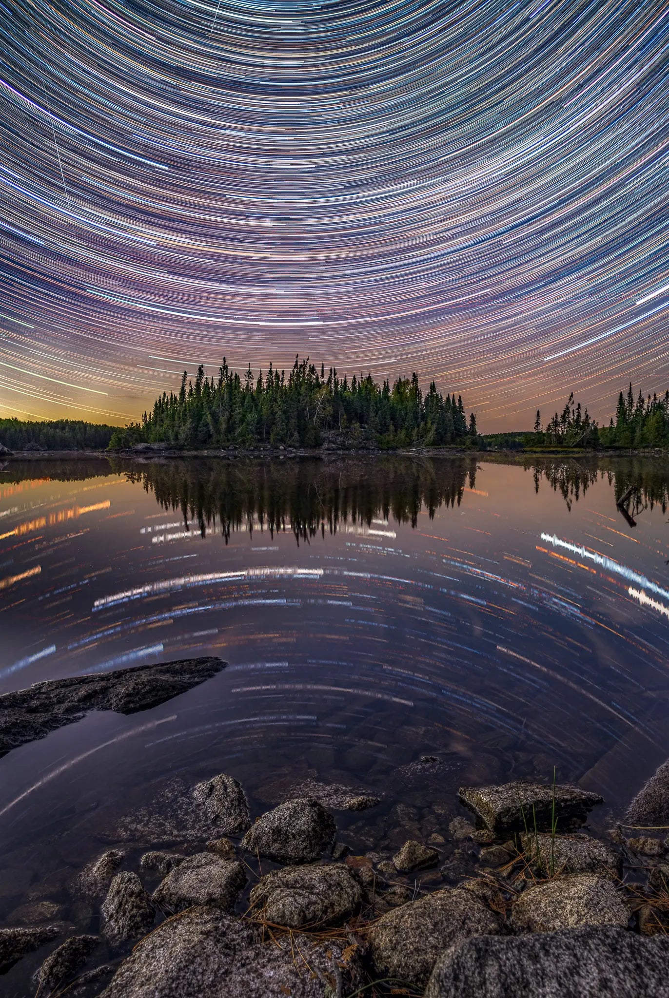 Star trails above Sea Gull Lake